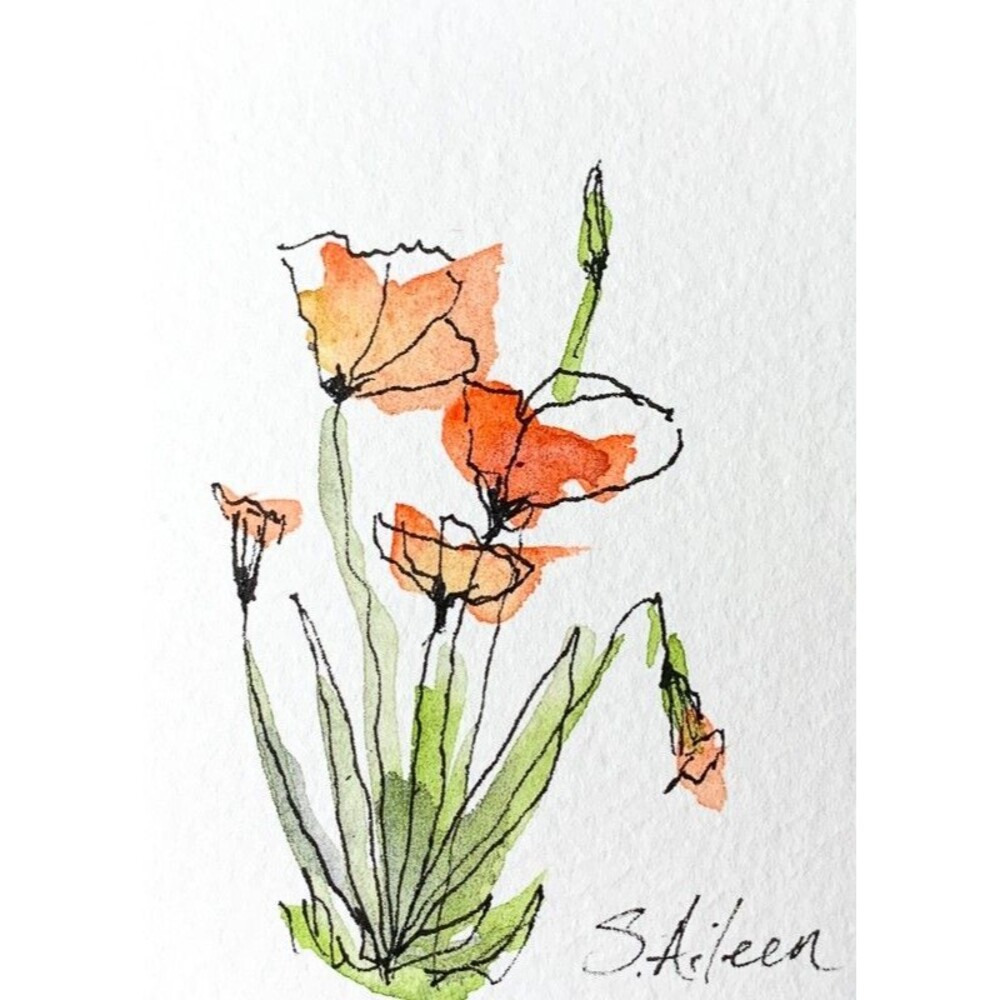ACEO Painting Watercolor Ink Poppy Flower Red Yellow Botanical Minimal Signed